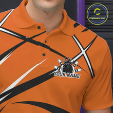 Load image into Gallery viewer, Close up of the left chest area on a bowling polo shirt featuring an orange, black, and white athletic jersey pattern