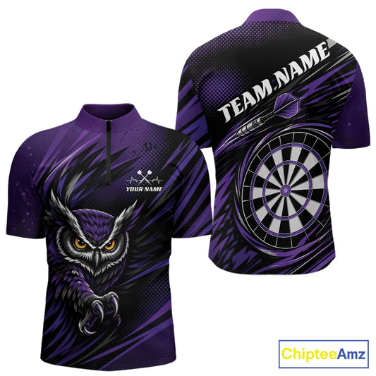 Custom Purple Owl Darts Men Quarter Zip Shirts, Dart Flights Darts League Shirt IPHW11732