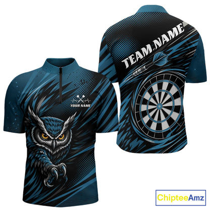 Custom Blue Owl Darts Men Quarter Zip Shirts, Dart Flights Darts League Shirt IPHW11733
