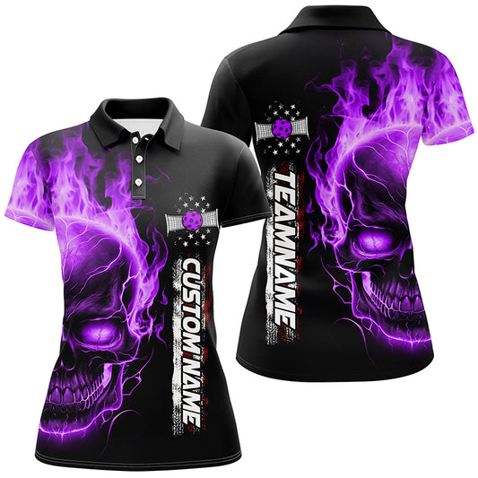 Flame Skull American Flag Custom Team Pickleball Shirts For Women, Patriotic Pickleball Jerseys IPHW5193