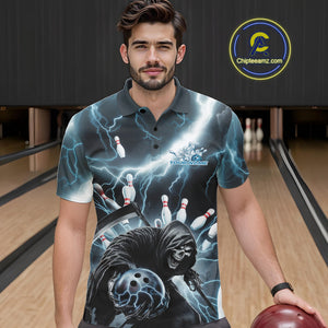Custom Blue Thunder Lightning Grim Reaper Bowling Men Polo Shirt, Halloween Bowling Outfit IPHW9797