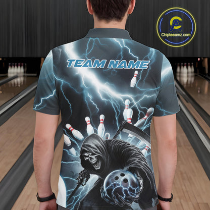 Custom Blue Thunder Lightning Grim Reaper Bowling Men Polo Shirt, Halloween Bowling Outfit IPHW9797
