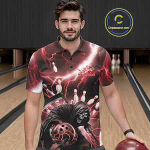 Custom Red Thunder Lightning Grim Reaper Bowling Men Polo Shirt, Halloween Bowling Outfit IPHW9798