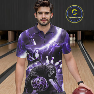 Custom Purple Thunder Lightning Grim Reaper Bowling Men Polo Shirt, Halloween Bowling Outfit IPHW9799