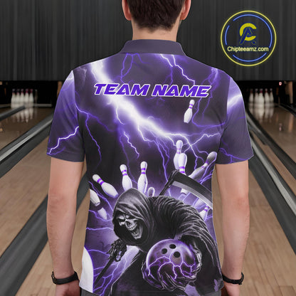Custom Purple Thunder Lightning Grim Reaper Bowling Men Polo Shirt, Halloween Bowling Outfit IPHW9799