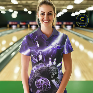 Custom Purple Thunder Lightning Grim Reaper Bowling Women Polo Shirt, Halloween Outfit IPHW9799