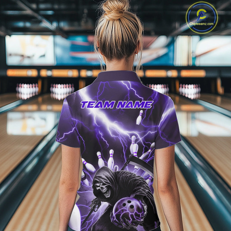 Custom Purple Lightning Grim Reaper Bowling Women Quarter-Zip Shirt, Halloween Outfit IPHW9799