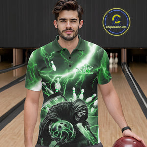 Custom Green Thunder Lightning Grim Reaper Bowling Men Polo Shirt, Halloween Bowling Outfit IPHW9800