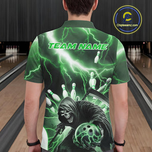 Custom Green Thunder Lightning Grim Reaper Bowling Men Polo Shirt, Halloween Bowling Outfit IPHW9800