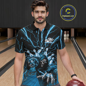 Custom Black And Blue Lightning Grim Reaper Bowling Men Polo Shirt, Halloween Outfit IPHW9804