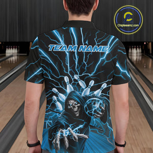 Custom Black And Blue Lightning Grim Reaper Bowling Men Polo Shirt, Halloween Outfit IPHW9804