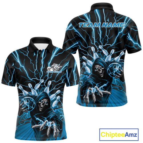 Custom Black And Blue Lightning Grim Reaper Bowling Men Polo Shirt, Halloween Outfit IPHW9804