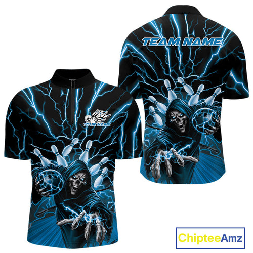 Custom Black And Blue Lightning Grim Reaper Bowling Men Quarter-Zip Shirt, Halloween Outfit IPHW9804
