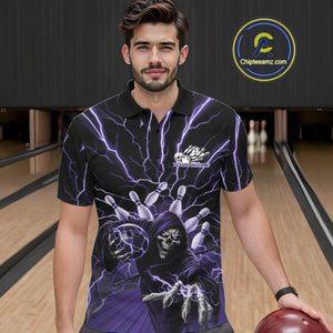 Custom Black And Purple Lightning Grim Reaper Bowling Men Polo Shirt, Halloween Outfit IPHW9805