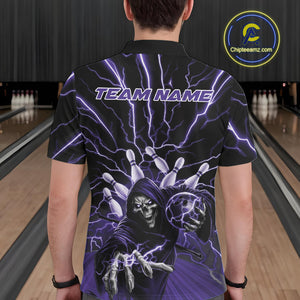 Custom Black And Purple Lightning Grim Reaper Bowling Men Polo Shirt, Halloween Outfit IPHW9805