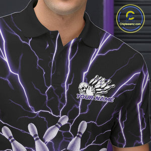 Custom Black And Purple Lightning Grim Reaper Bowling Men Polo Shirt, Halloween Outfit IPHW9805