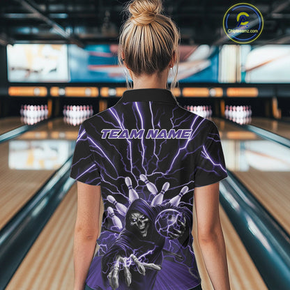 Custom Black And Purple Lightning Grim Reaper Bowling Women Polo Shirt, Halloween Outfit IPHW9805