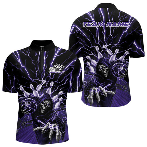 Custom Black And Purple Lightning Grim Reaper Bowling Men Quarter-Zip Shirt, Halloween Outfit IPHW9805