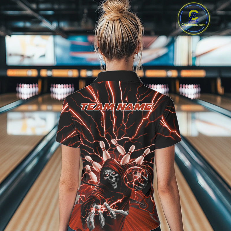 Custom Black And Red Lightning Grim Reaper Bowling Women Polo Shirt, Halloween Outfit IPHW9806