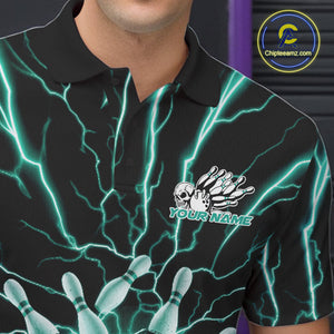 Custom Black And Green Lightning Grim Reaper Bowling Men Polo Shirt, Halloween Outfit IPHW9807