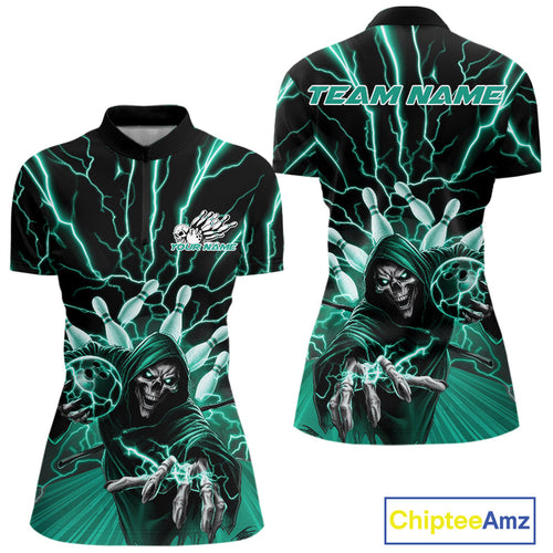 Custom Green Lightning Grim Reaper Bowling Women Quarter-Zip Shirt, Halloween Outfit IPHW9807