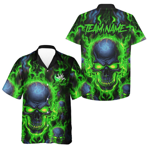 Custom Bowling Hawaiian Shirts Men Green Flame Skull Team Bowling Jerseys Halloween Bowler Outfits IPHW5379