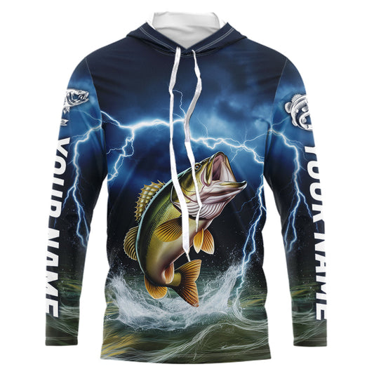Blue Thunder Lightning Custom Largemouth Bass Fishing Long Sleeve Hooded Tournament Fishing Shirts IPHW8080
