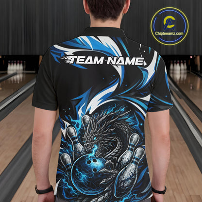 Custom Blue Lightning Dragon Bowling Men Polo Shirts, Dragon Bowling League Shirt IPHW10355