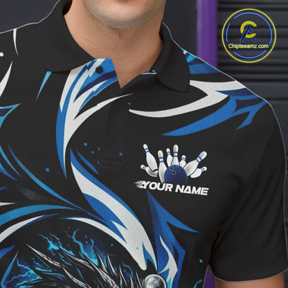 Custom Blue Lightning Dragon Bowling Men Polo Shirts, Dragon Bowling League Shirt IPHW10355
