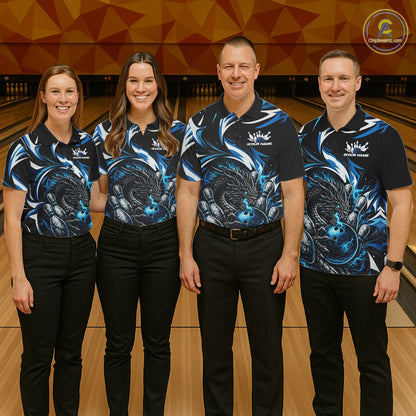 Custom Blue Lightning Dragon Bowling Men Polo Shirts, Dragon Bowling League Shirt IPHW10355