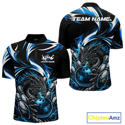 Custom Blue Lightning Dragon Bowling Men Quarter-Zip Shirts, Dragon Bowling League Shirt IPHW10355
