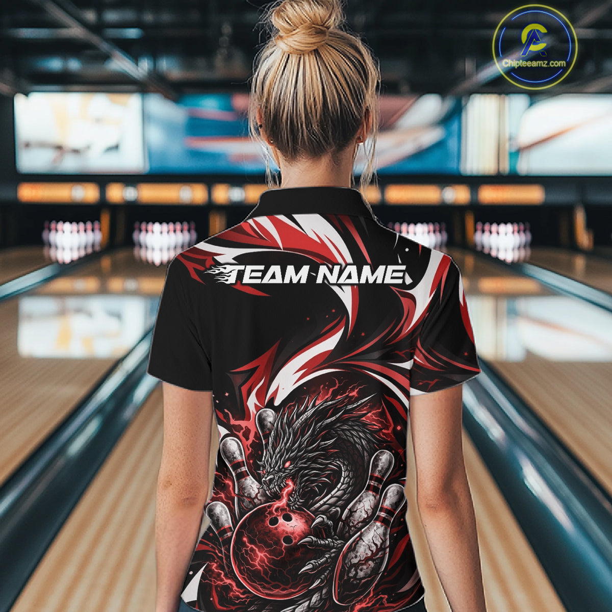 Custom Red Lightning Dragon Bowling Women Quarter-Zip Shirts, Bowling League Shirt IPHW10356
