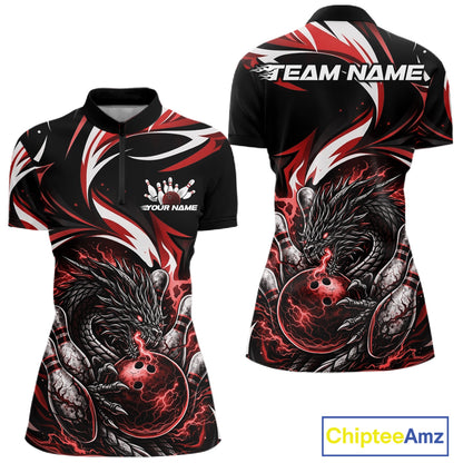 Custom Red Lightning Dragon Bowling Women Quarter-Zip Shirts, Bowling League Shirt IPHW10356
