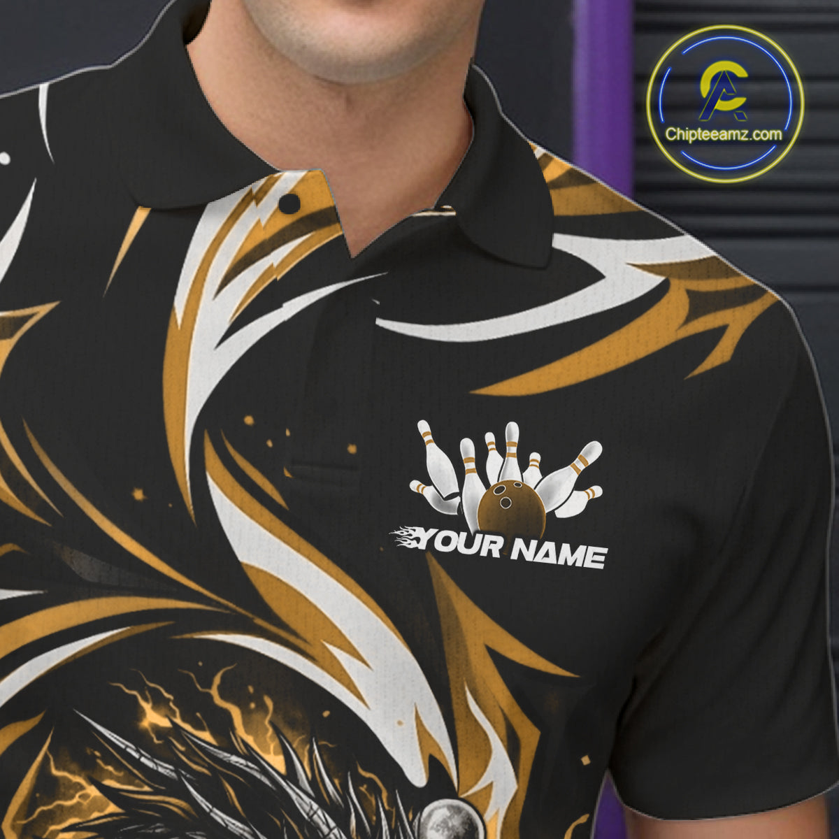 Custom Gold Lightning Dragon Bowling Men Polo Shirts, Dragon Bowling League Shirt IPHW10357
