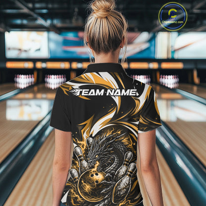 Custom Gold Lightning Dragon Bowling Women Polo Shirts, Dragon Bowling League Shirt IPHW10357
