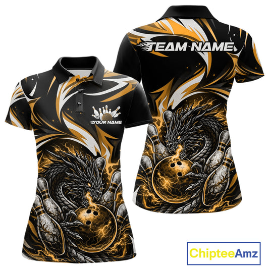 Custom Gold Lightning Dragon Bowling Women Polo Shirts, Dragon Bowling League Shirt IPHW10357