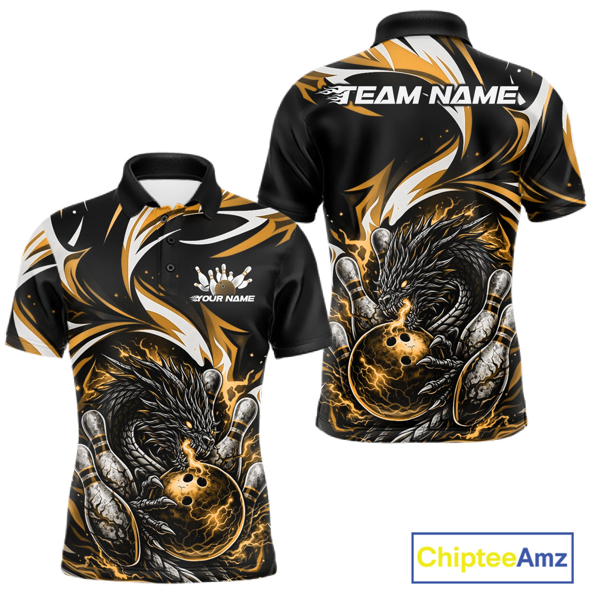 Custom Gold Lightning Dragon Bowling Men Polo Shirts, Dragon Bowling League Shirt IPHW10357