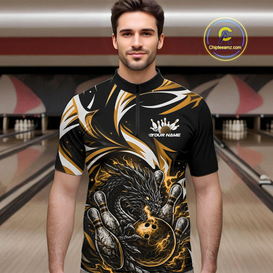 Custom Gold Lightning Dragon Bowling Men Quarter-Zip Shirts, Dragon Bowling League Shirt IPHW10357