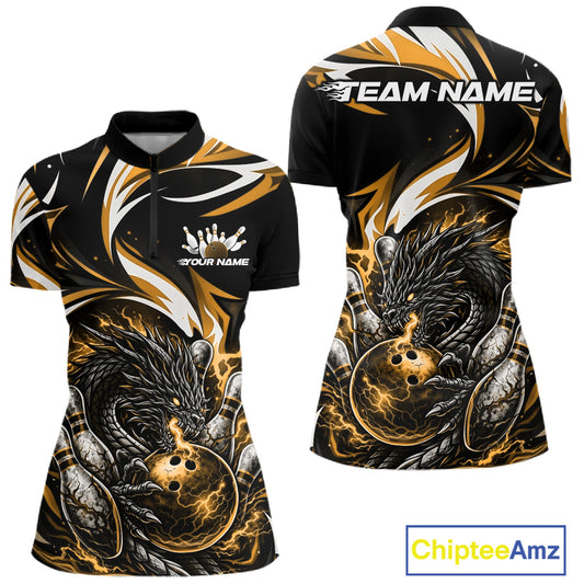 Custom Gold Lightning Dragon Bowling Women Quarter-Zip Shirts, Bowling League Shirt IPHW10357