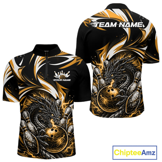Custom Gold Lightning Dragon Bowling Men Quarter-Zip Shirts, Dragon Bowling League Shirt IPHW10357
