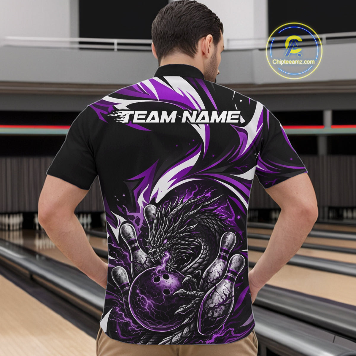 Custom Purple Lightning Dragon Bowling Men Quarter-Zip Shirts, Dragon Bowling League Shirt IPHW10358