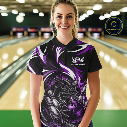Custom Purple Lightning Dragon Bowling Women Quarter-Zip Shirts, Bowling League Shirt IPHW10358