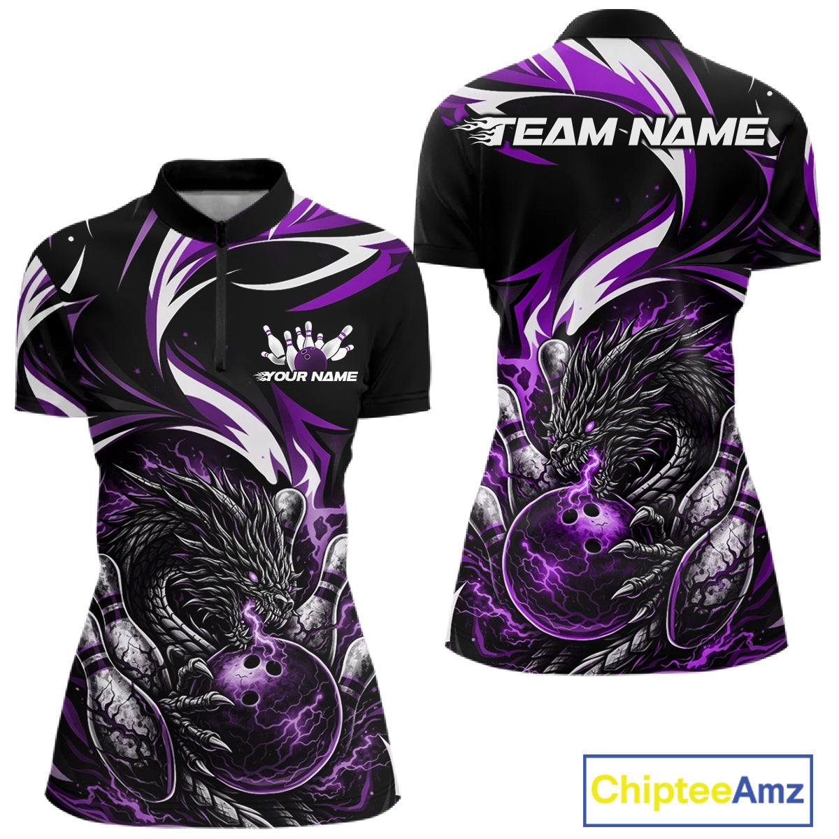 Custom Purple Lightning Dragon Bowling Women Quarter-Zip Shirts, Bowling League Shirt IPHW10358