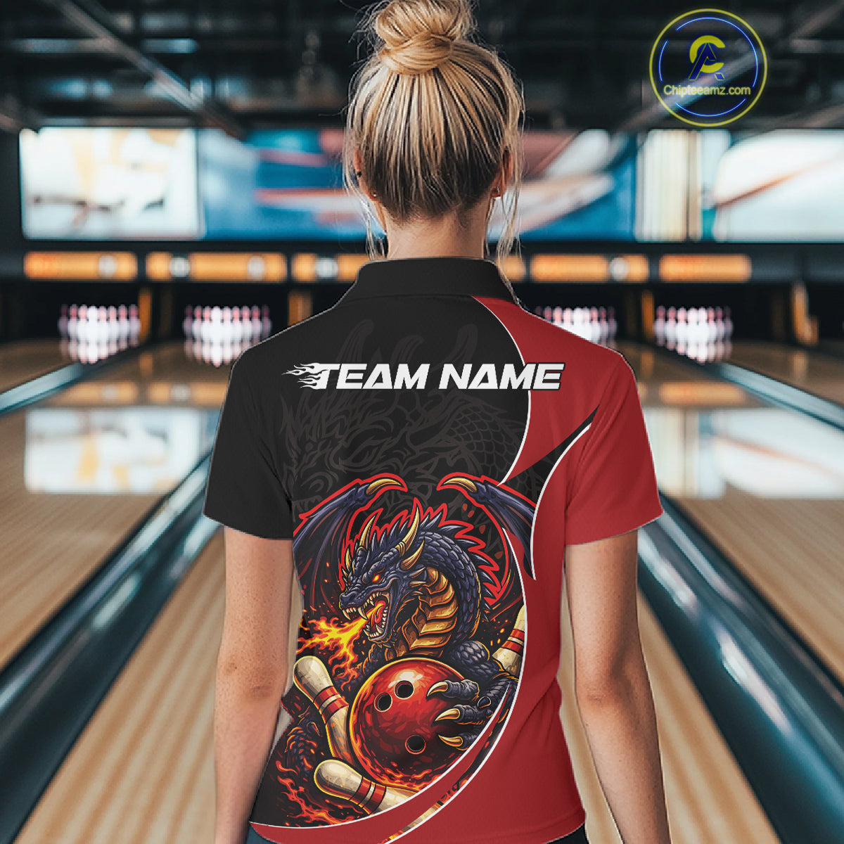 Custom Black And Red Fire Dragon Bowling Jerseys, Dragon Bowling Team Women Polo Shirt IPHW10365