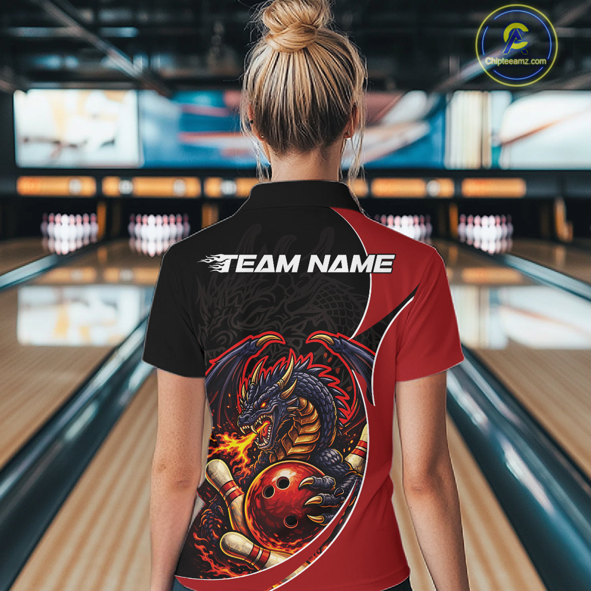 Custom Black And Red Fire Dragon Bowling Jerseys, Bowling Team Women Quarter-Zip Shirt IPHW10365