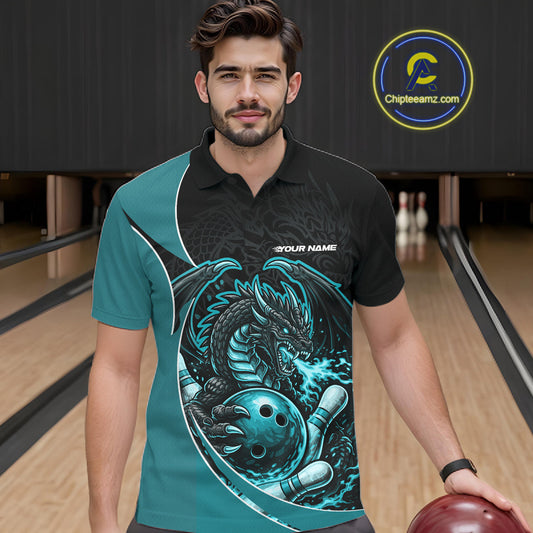 Custom Turquoise Blue Fire Dragon Bowling Jerseys, Dragon Bowling Team Men Polo Shirt IPHW10366