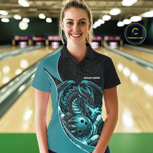 Custom Turquoise Blue Fire Dragon Bowling Jerseys, Dragon Bowling Team Women Polo Shirt IPHW10366
