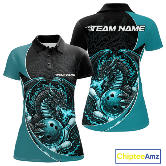Custom Turquoise Blue Fire Dragon Bowling Jerseys, Dragon Bowling Team Women Polo Shirt IPHW10366