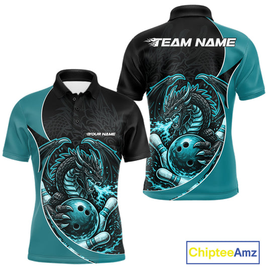 Custom Turquoise Blue Fire Dragon Bowling Jerseys, Dragon Bowling Team Men Polo Shirt IPHW10366
