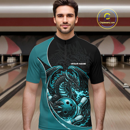 Custom Turquoise Blue Fire Dragon Bowling Jerseys, Dragon Bowling Team Men Quarter-Zip Shirt IPHW10366